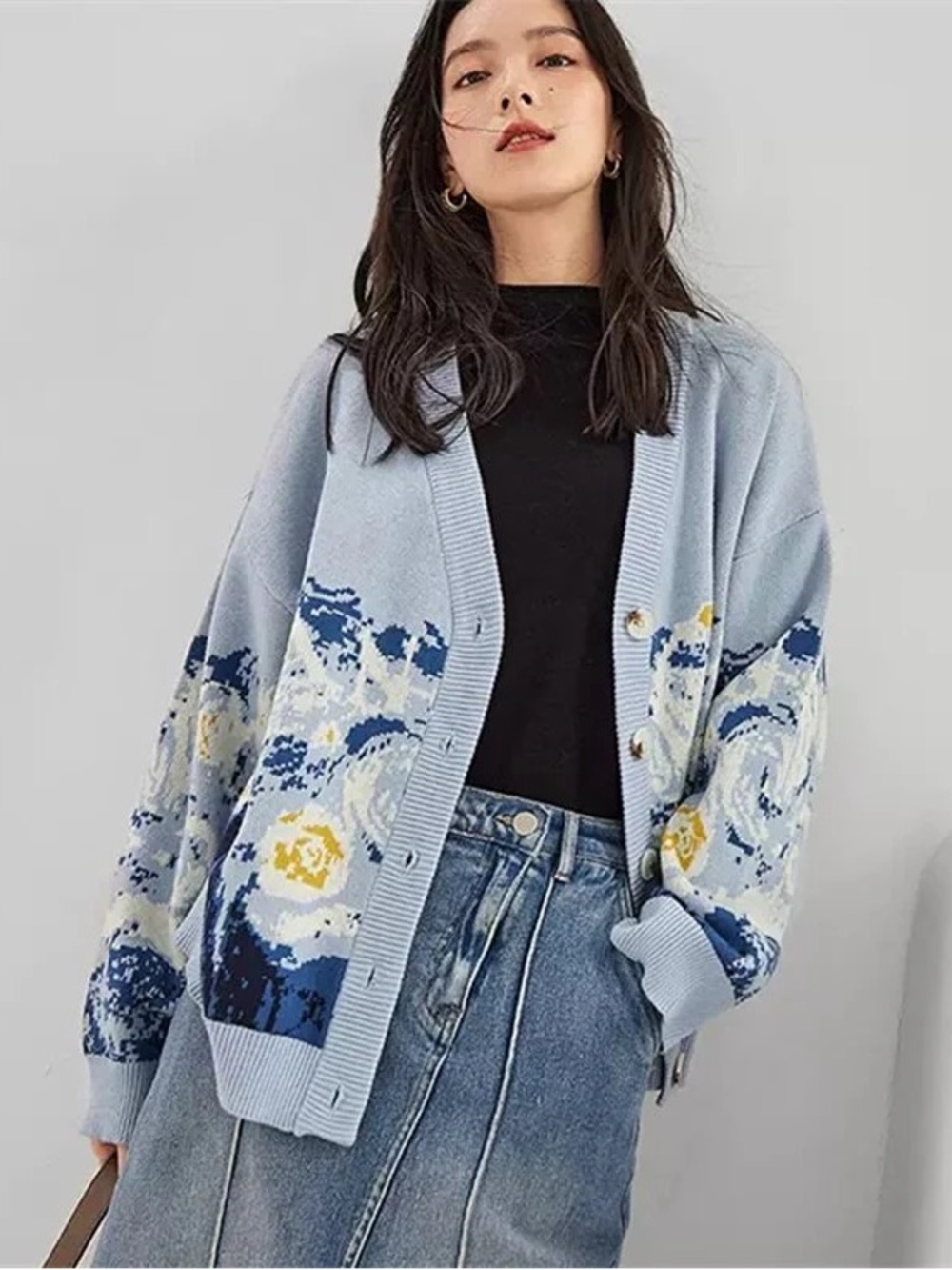 NWT Gal Artsy Van Gogh Starry Night Knitted Cardigan Sweater Unisex Blue
